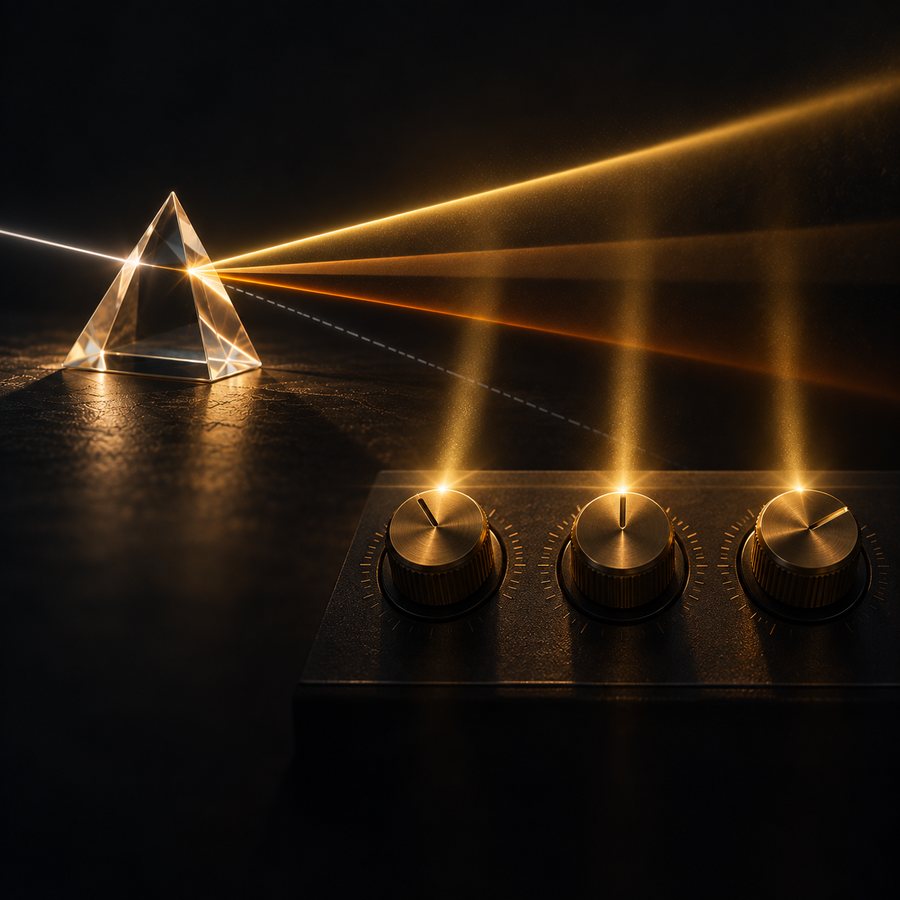 Three brass knobs on a dark panel, lit by the gold ray of a glass prism