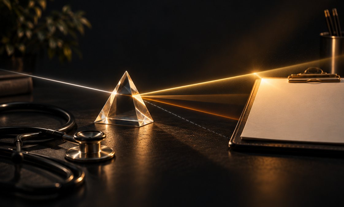 A glass prism on a dark desk beside a stethoscope, its gold ray landing on a blank clipboard