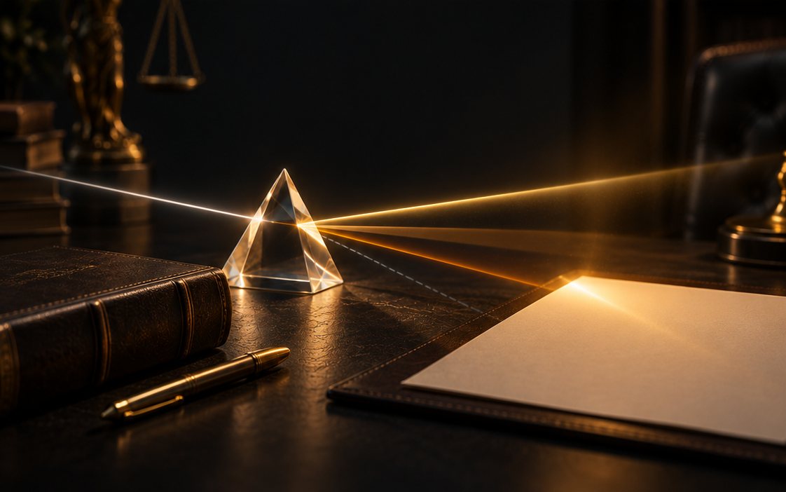 A glass prism beside a leather-bound book and a brass pen, its gold ray landing on a blank sheet