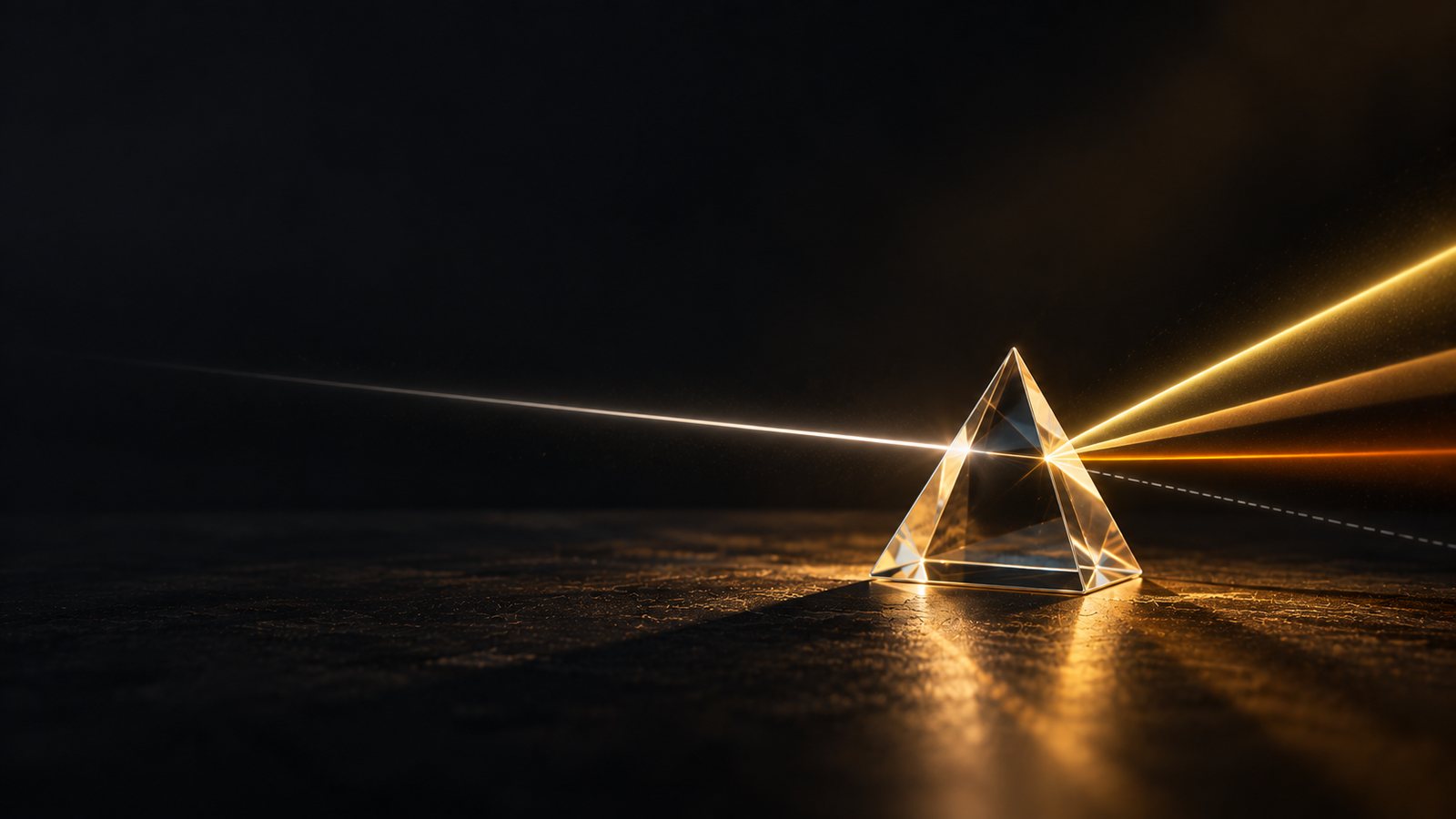 A clear glass prism splitting a thin beam of white light into gold and amber rays on a dark surface
