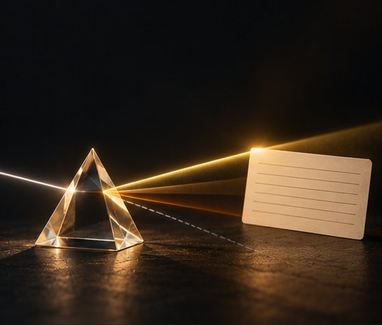 A glass prism sending its gold ray onto a blank index card