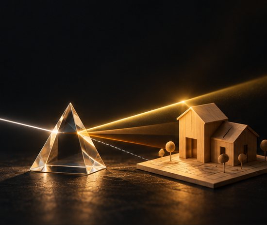 A glass prism sending its gold ray onto a small wooden model of a house