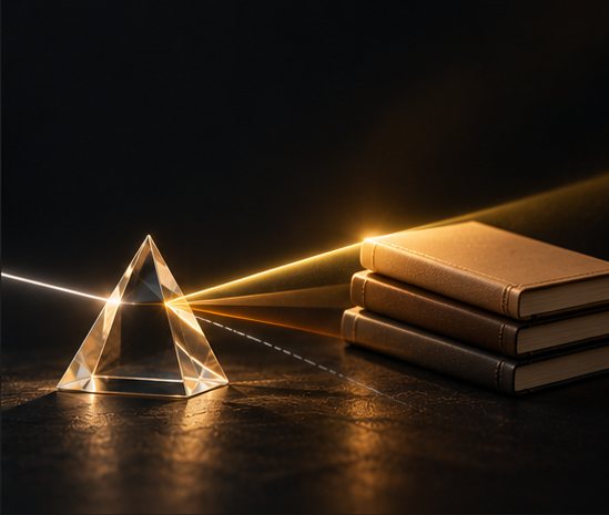 A glass prism sending its gold ray onto a stack of notebooks