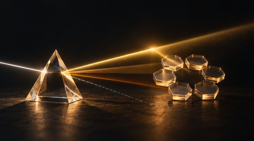 A glass prism sending its gold ray onto six small glass tiles arranged in a hexagon