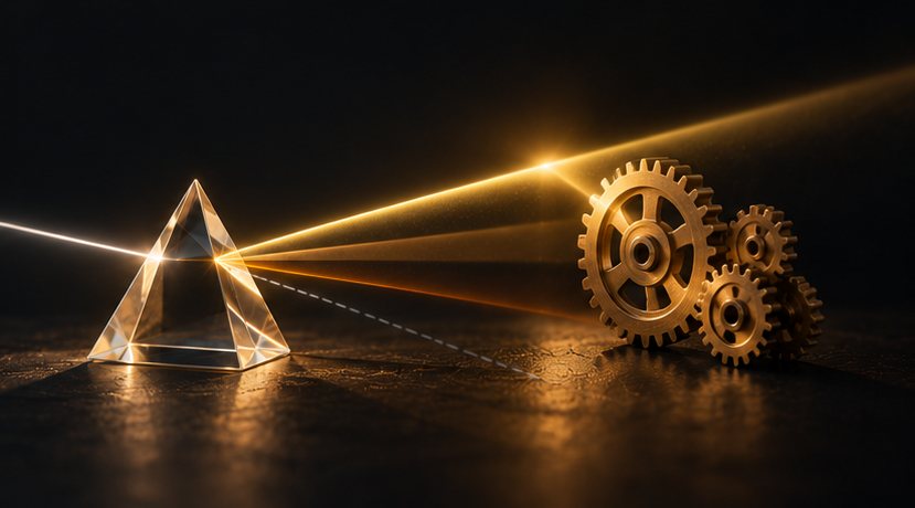A glass prism sending its gold ray onto a set of brass gears